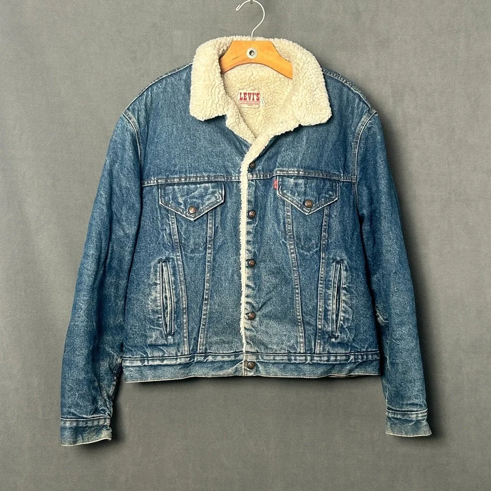 VTG 80s Levis Size 46R Sherpa Lined Denim Trucker Jacket Made In USA Blue Mens